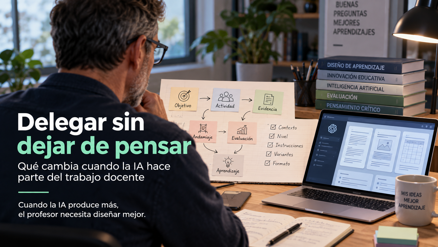 Profesor diseñando una arquitectura de aprendizaje mientras utiliza IA para producir materiales, con el mensaje ‘Delegar sin dejar de pensar’.